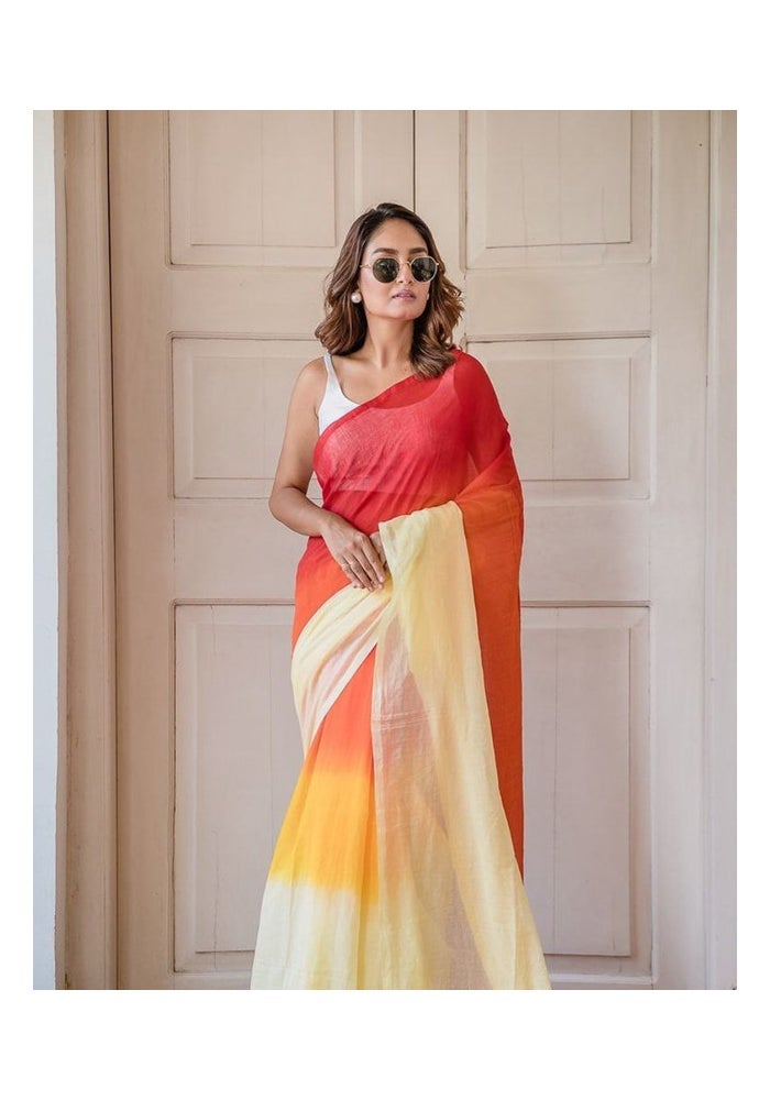 Malishka Export ساري قطن كتان مطبوع باللون الأحمر - Image 1